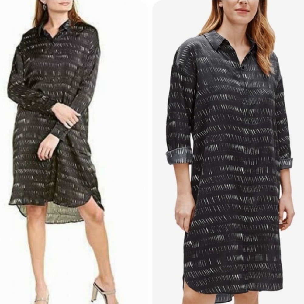 Eileen Fisher Silk Collared Shirt Dress Dash Black White Cotton Dash Size XS